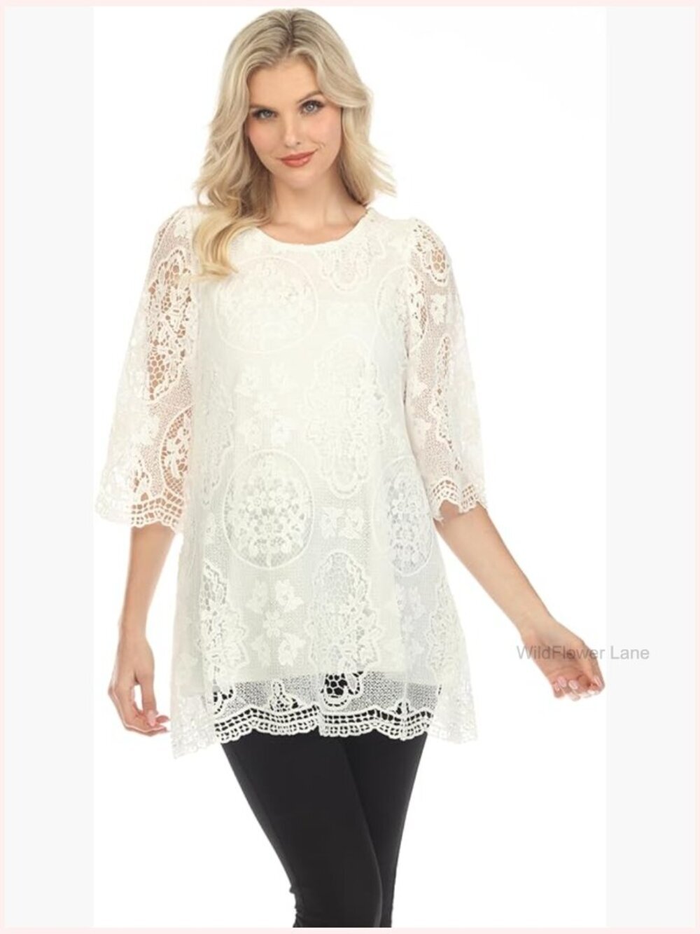 Plus Size Lace Tunic Top 3/4 Sleeve Scoop Neck Blouse